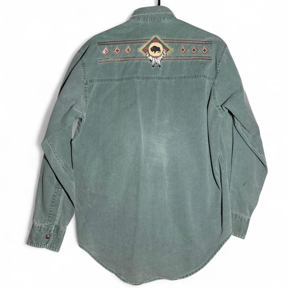 Vintage Coldwater Creek sage green button shirt buffalo and feather motif